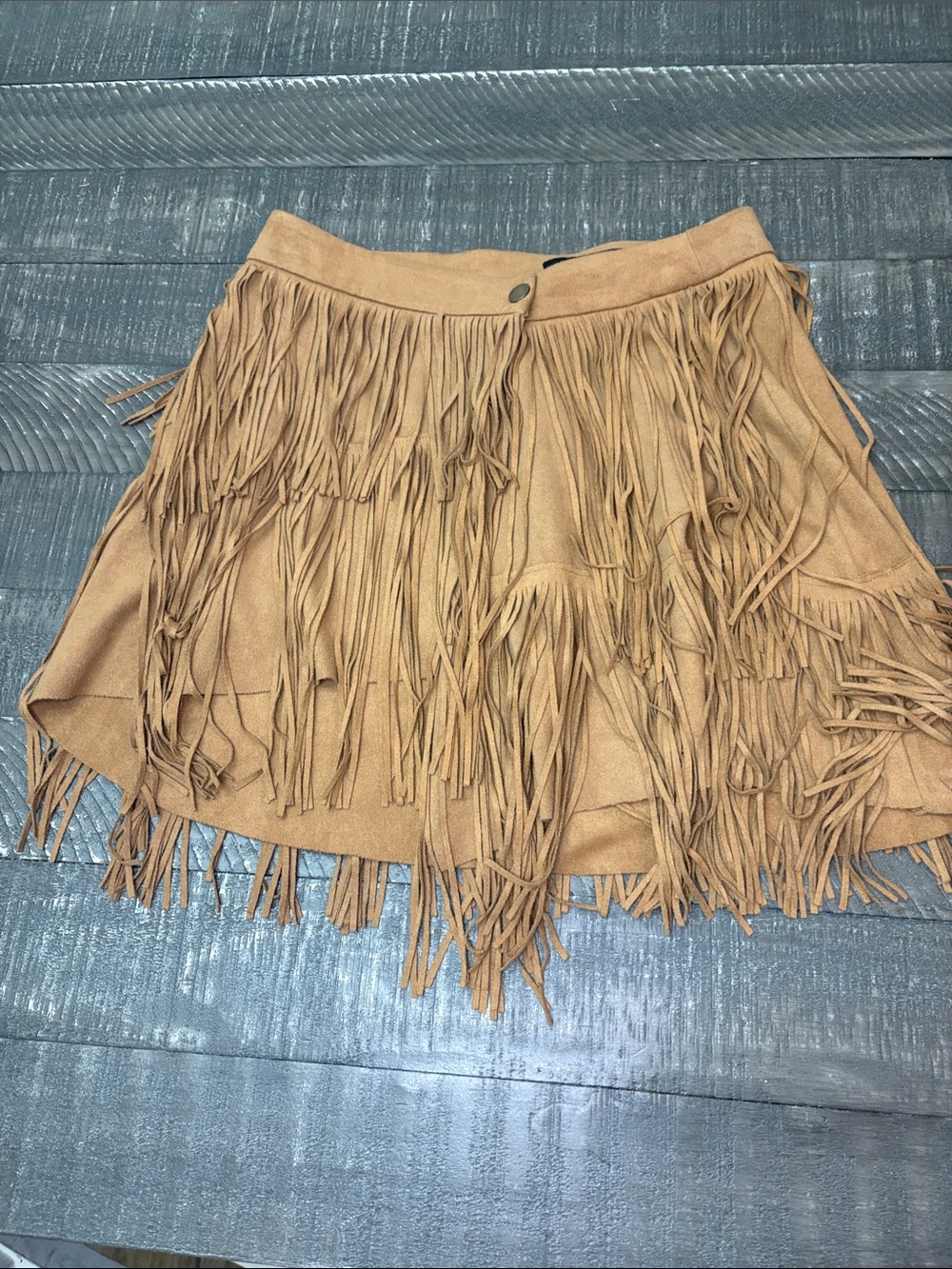 Fringed Suede-Look Mini Skirt in Tan